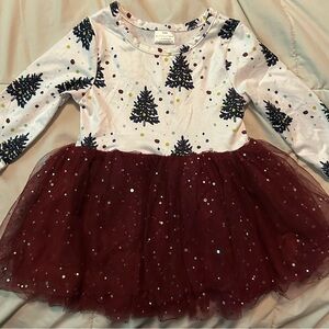 Holiday Tree Print Kids Dress with Burgundy Skirt